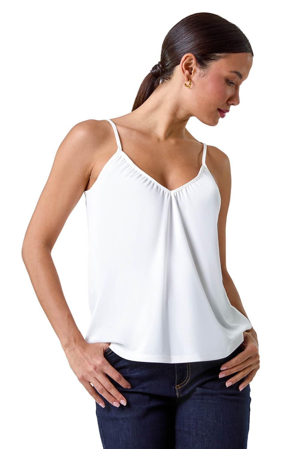 Roman Originals Women's Ivory Gathered V-Neck Stretch Vest Top For Uk - Everyday Holiday Spring Summer V-Neckline Comfy Soft Evening Vacation Work Party - Size 20