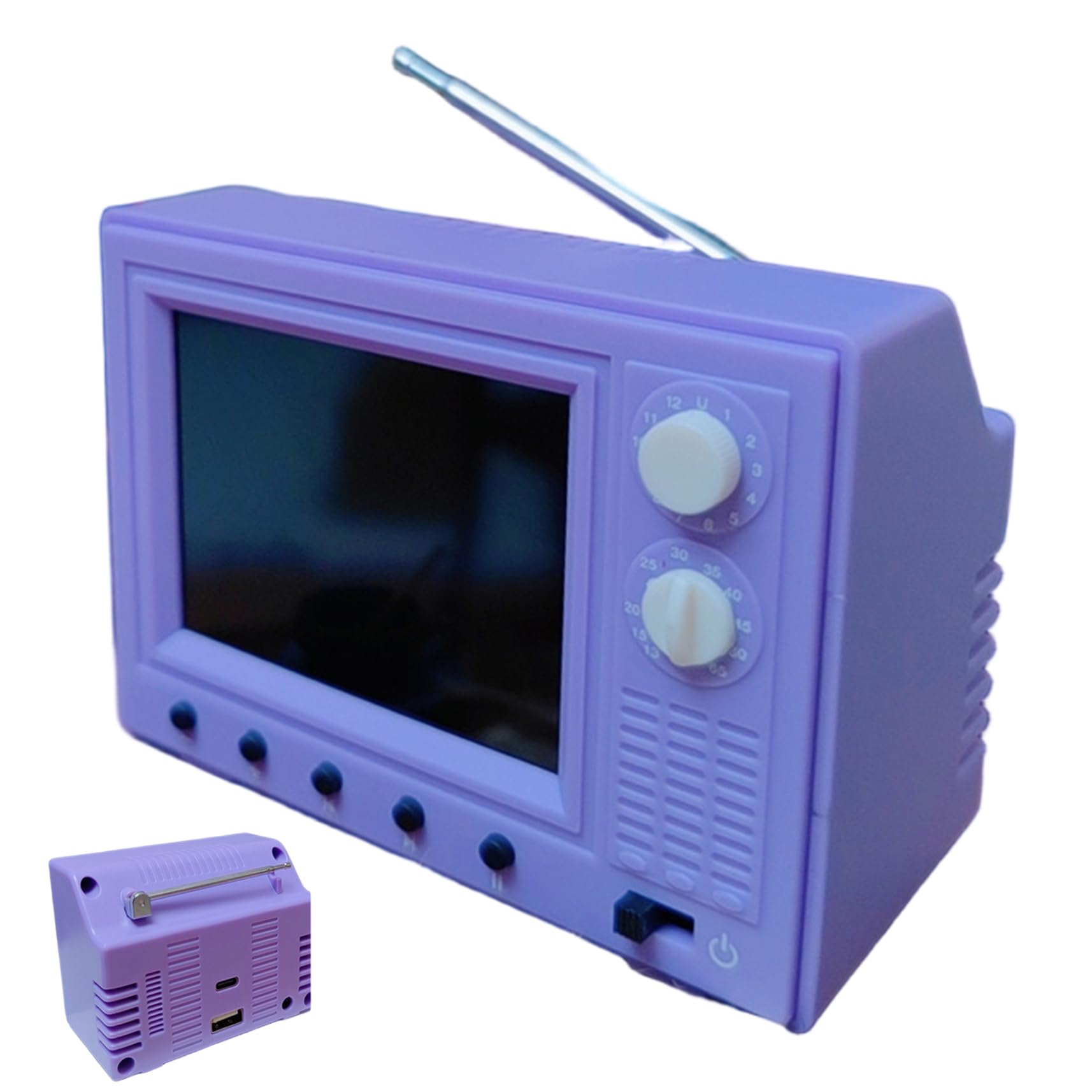 Otbushit 2.4 Inch Mini Retro TV Toy for Dollhouse with 720P HD Screen, 8GB Storage & USB Playback, 1:12 Scale Miniature Furniture - Purple