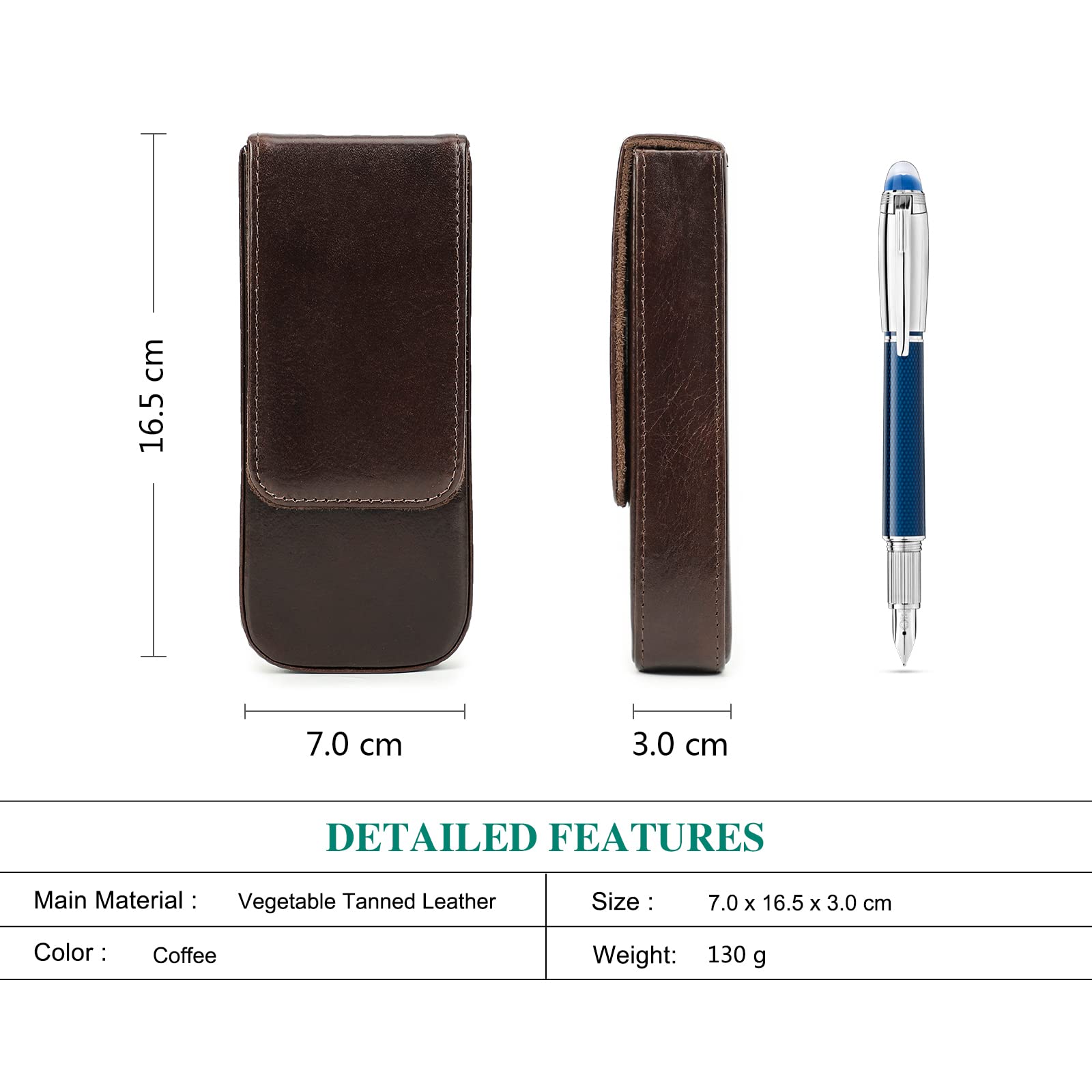 Hiram Leather Pen Box for 3 Pens Vegetable Tanned Leather Fountain Pen Storage Case with Hidden Magnetic Snap Closure and Pens Tray Design (Coffee) - Image 2