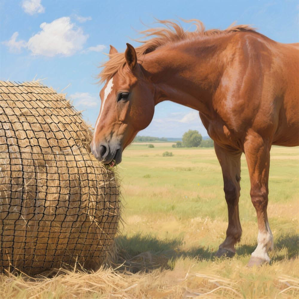 Round Bale Hay Net 5x5ft LargeRound Bale Hay Nets for Horses HeavyDuty Slow Feed Hay Net Black KnotlessDesign for Horse, Cattle, Goat (5x5ft)