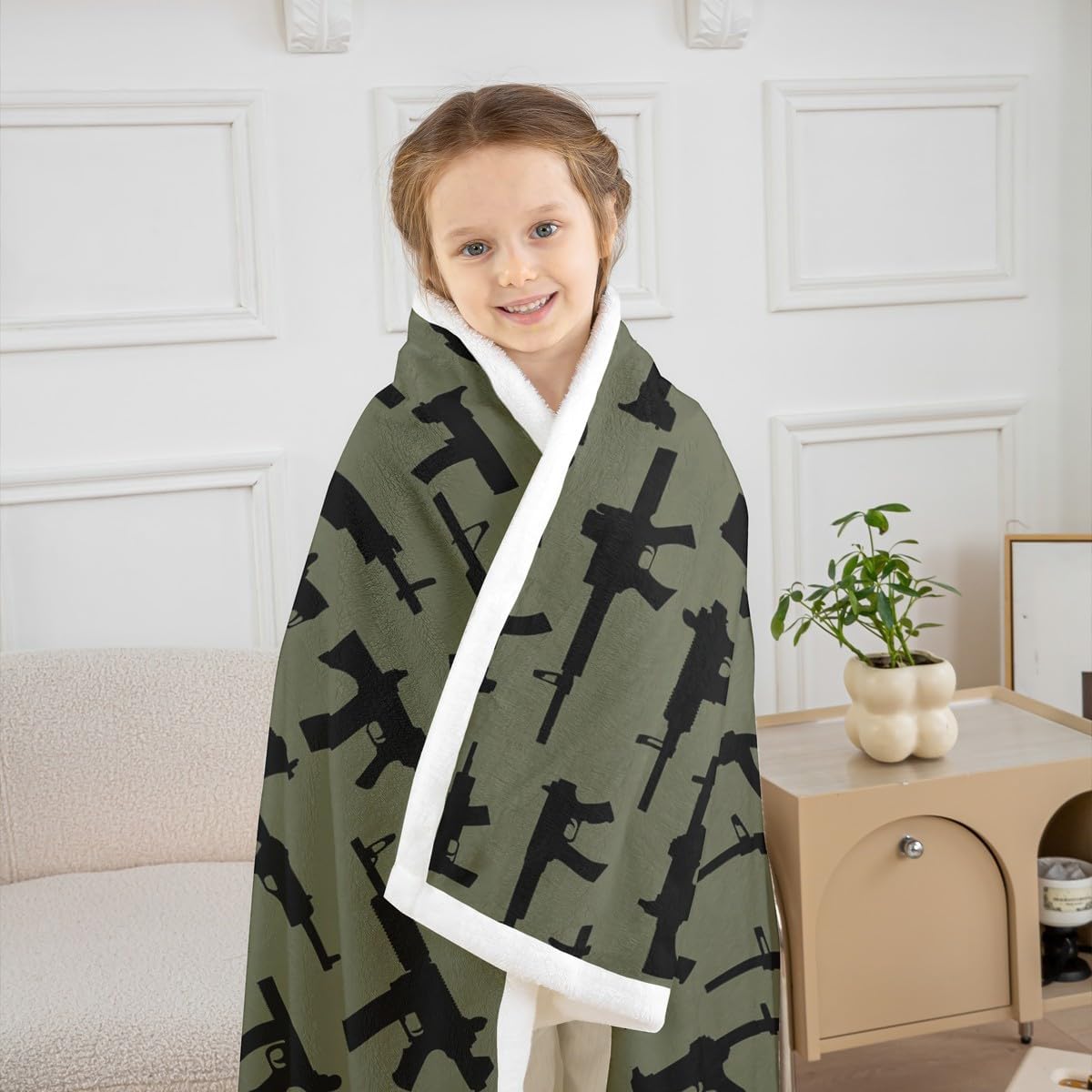 Erosebridal Machine Guns Throw Blanket for Boys Kids Youth Teens Men Bed,Military Theme Sherpa Blanket,Army Rifle Pattern Plush Bed Blanket,Warm Soft Cozy Fleece Blanket 40"X50" Army Green