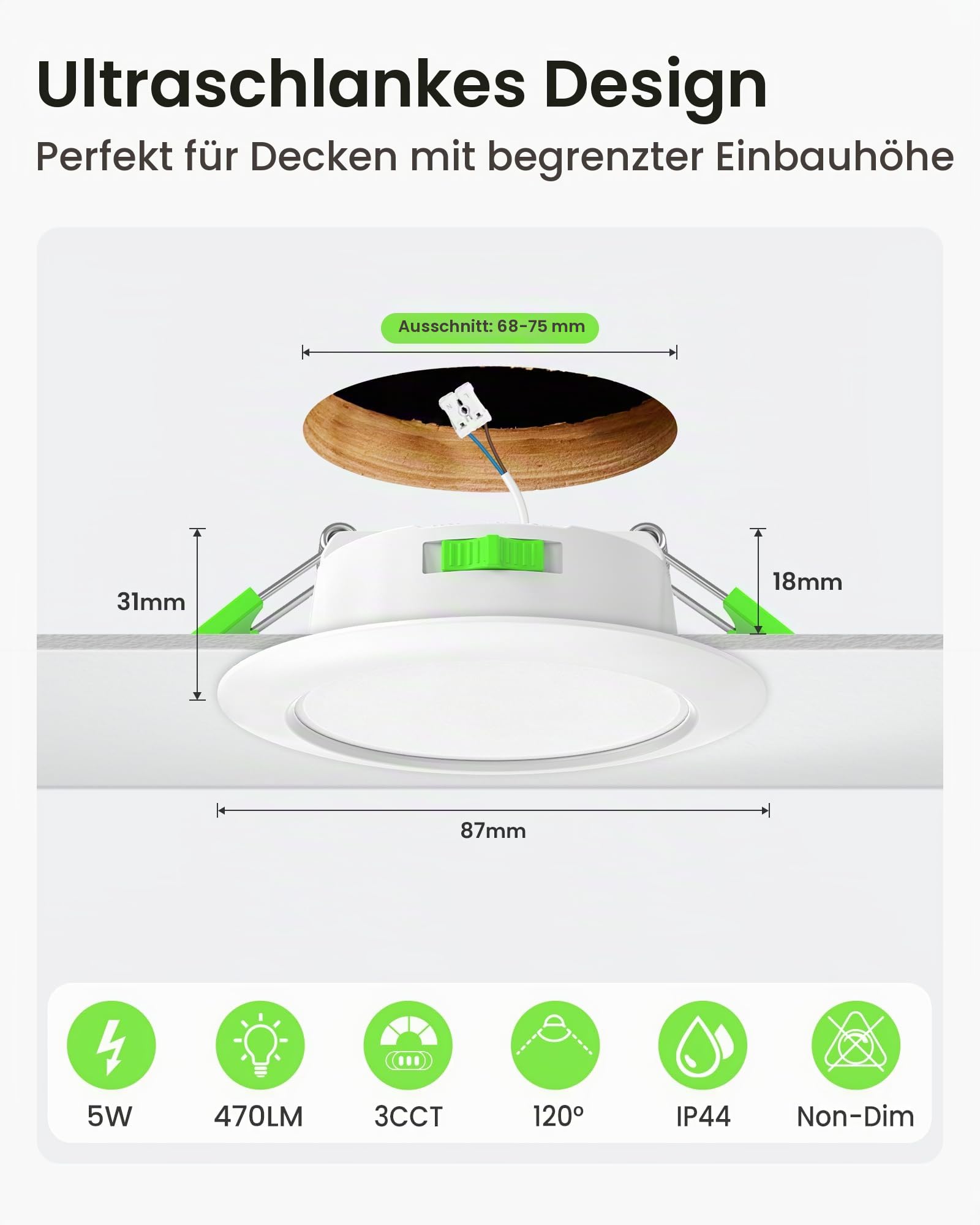 ALUSSO LED Einbaustrahler 230V 68-75mm, 5W Deckenspots, Rund Weiss 24er Set | 3CCT Einstellbar Spots 3000K/4000K/6500K, 360LM Ultra Flach Einbauspots, IP44 für Badezimmer Küche Wohnzimmer, Nicht-Dimmbar