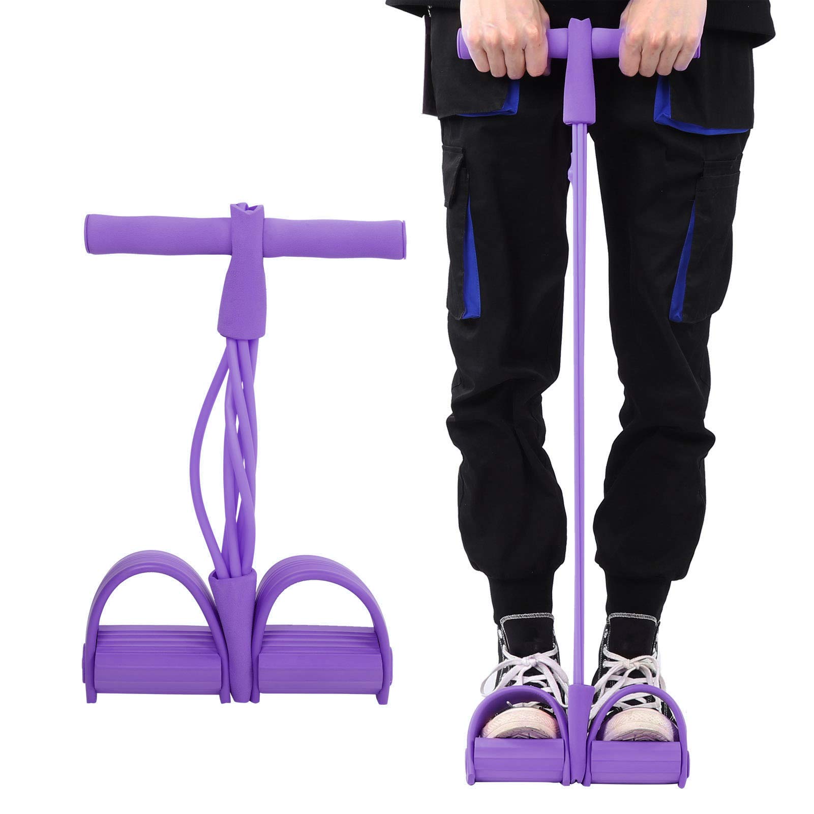 Fitness Equipment Sit Up Training Rope 4 Tube Elastic Pull Rope Sit Up Training Pedal Band Yoga Stretching Fitness Equipment (Purple)