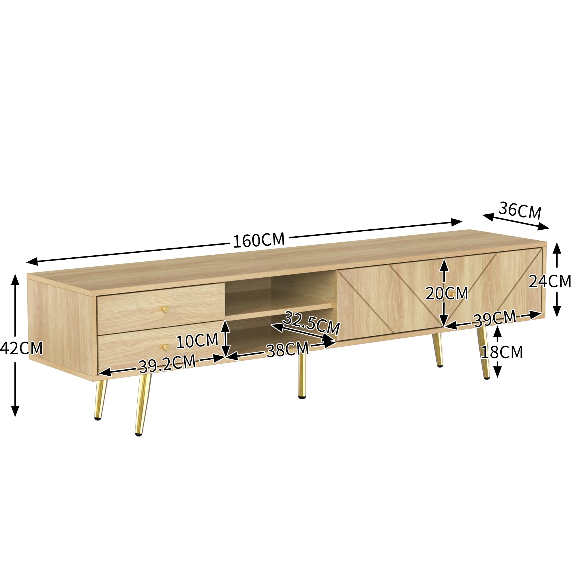 BTM Meuble TV 160 cm avec Pieds dorés - Meuble TV Moderne avec 2 tiroirs et 2 Portes - Durable - Grand Espace de Rangement, Bois - 160x36x42 cm