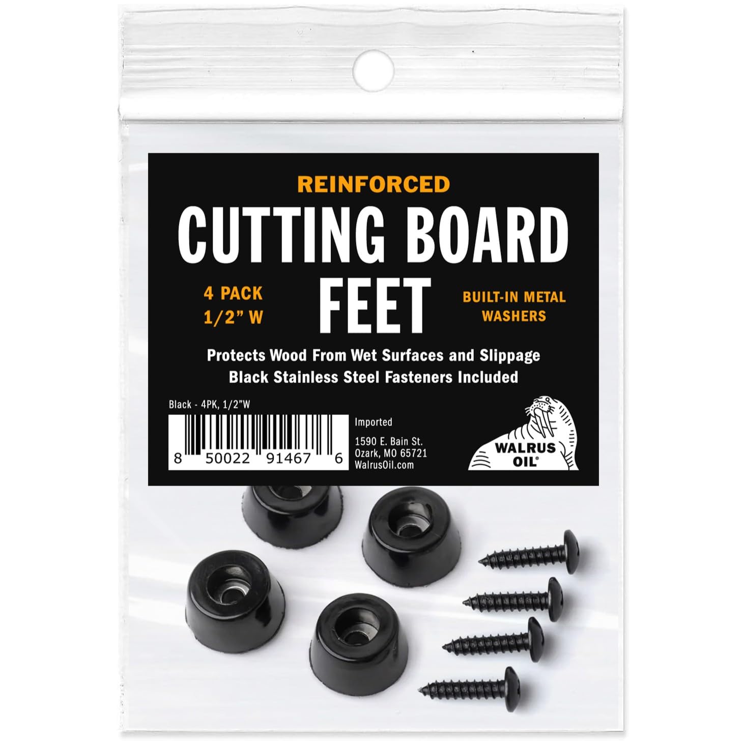 Walrus Oil Black - Cutting Board Feet, Reinforced With Built-In Metal Washers, Rubber Bumper Protectors With Stainless Screws ( 1/2") 4-Pack Size 1