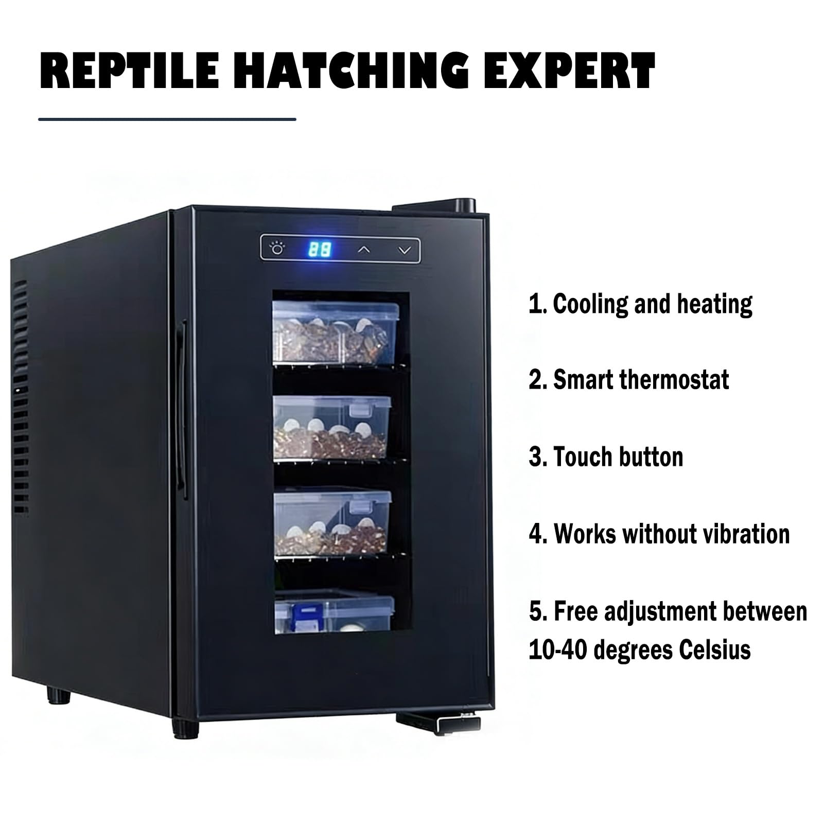Reptilien-Inkubator, 25 L, Digitaler Eier-Inkubator Mit Präziser Temperaturregelung (10–40 ℃), Leiser Betrieb, Doppelschichtige Glastür(23L)