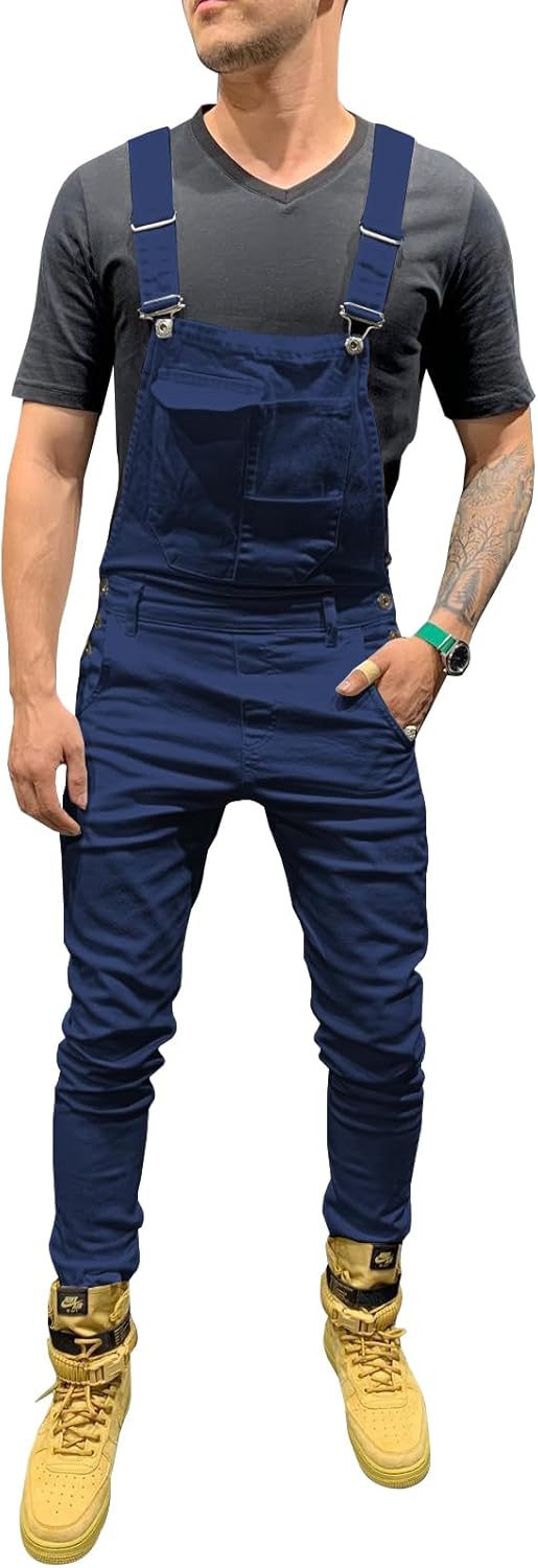 LONGBIDA Men's Denim Bib Overalls Fashion Slim Fit Jumpsuit with Pockets