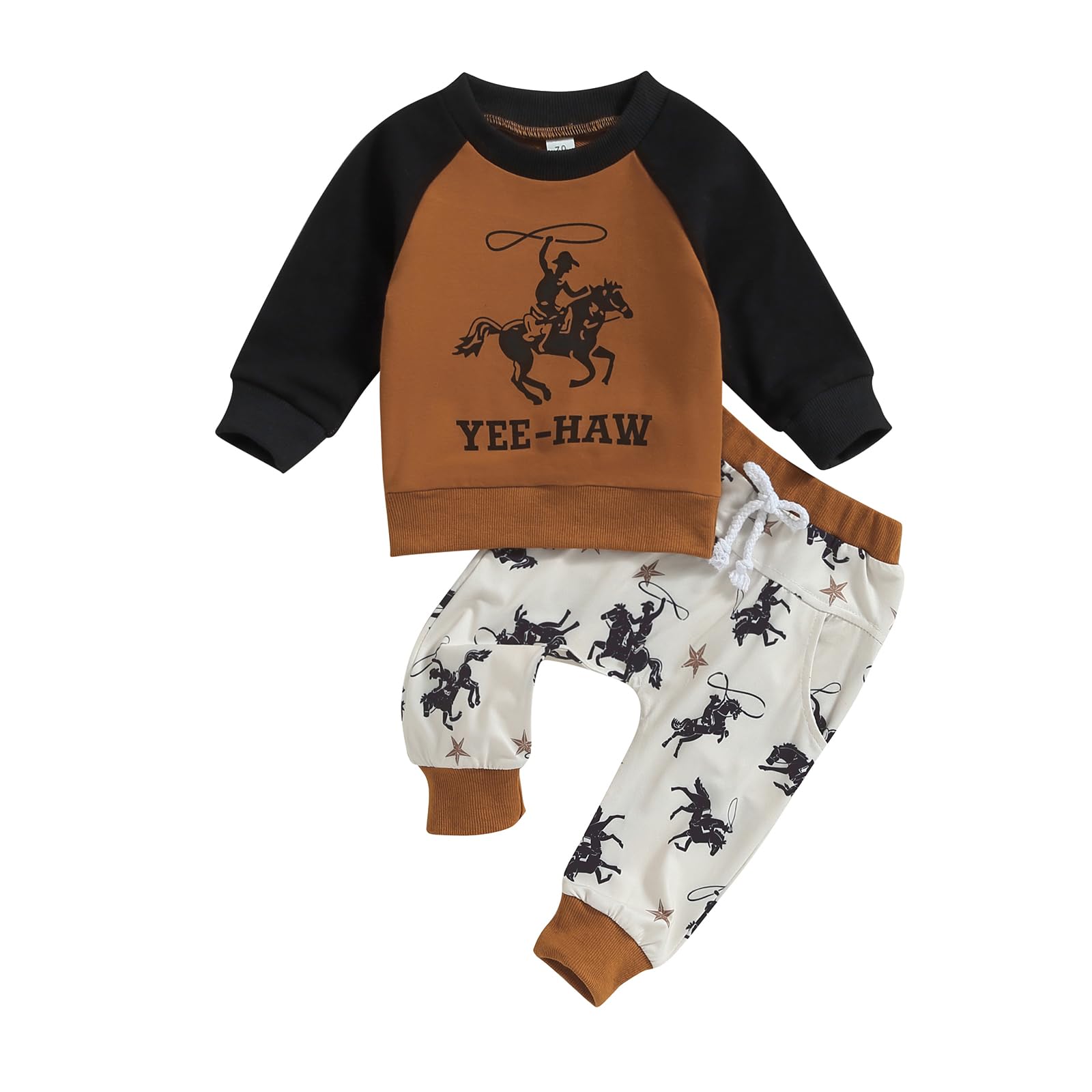 KtwHarnu Western Baby Boy Girl Outfit Cow Print Long Sleeve Crewneck Sweatshirt Elastic Waist Pants Set Fall Winter Clothes (Brown Yee Haw, 12-18 Months)