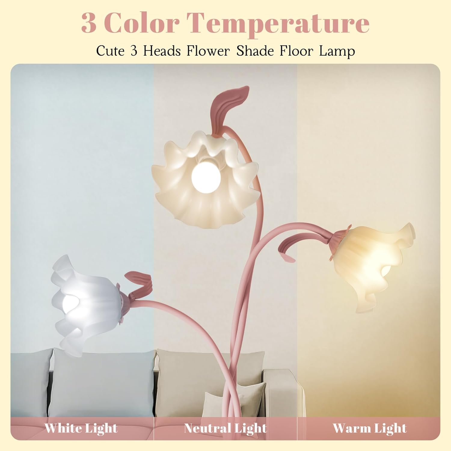 Flower Standing Lamp for Bedroom, Cute Corner Floor Lamp with Flexible Gooseneck, 3 Light Floor Reading Lamp with 3 Color Temperatures, Bulbs Included, Tall Floor Lamp for Living Room Corner(Pink)