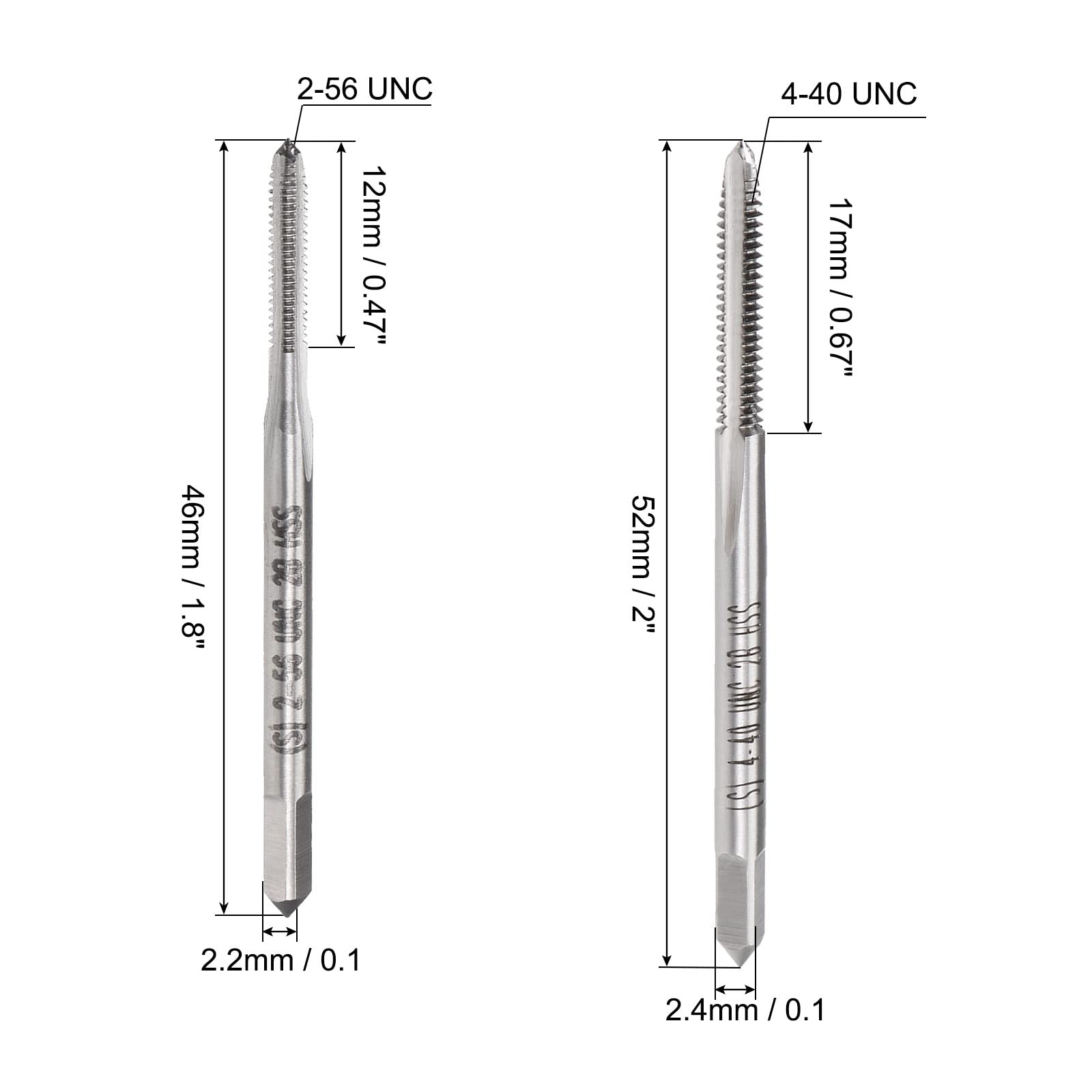 uxcell Machine Tap, 2-56 & 4-40 UNC 2B Class 3 Straight Flutes High Speed Steel Screw Thread Threading Milling Tap with Protective Box 4pcs