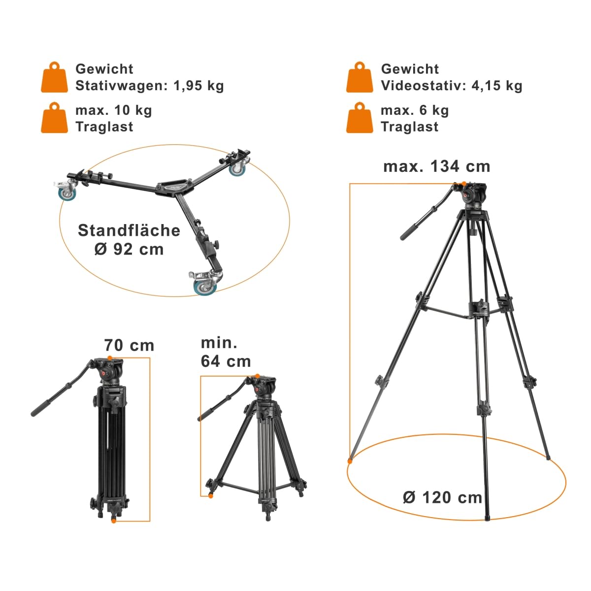 Walimex Pro EI-9901 Video-Pro-Stativ inkl. Stativwagen WT-600 (max. Höhe 138 cm, Videoneiger, Mittelspinne, Belastbarkeit 6 kg und Stativtasche), Schwarz