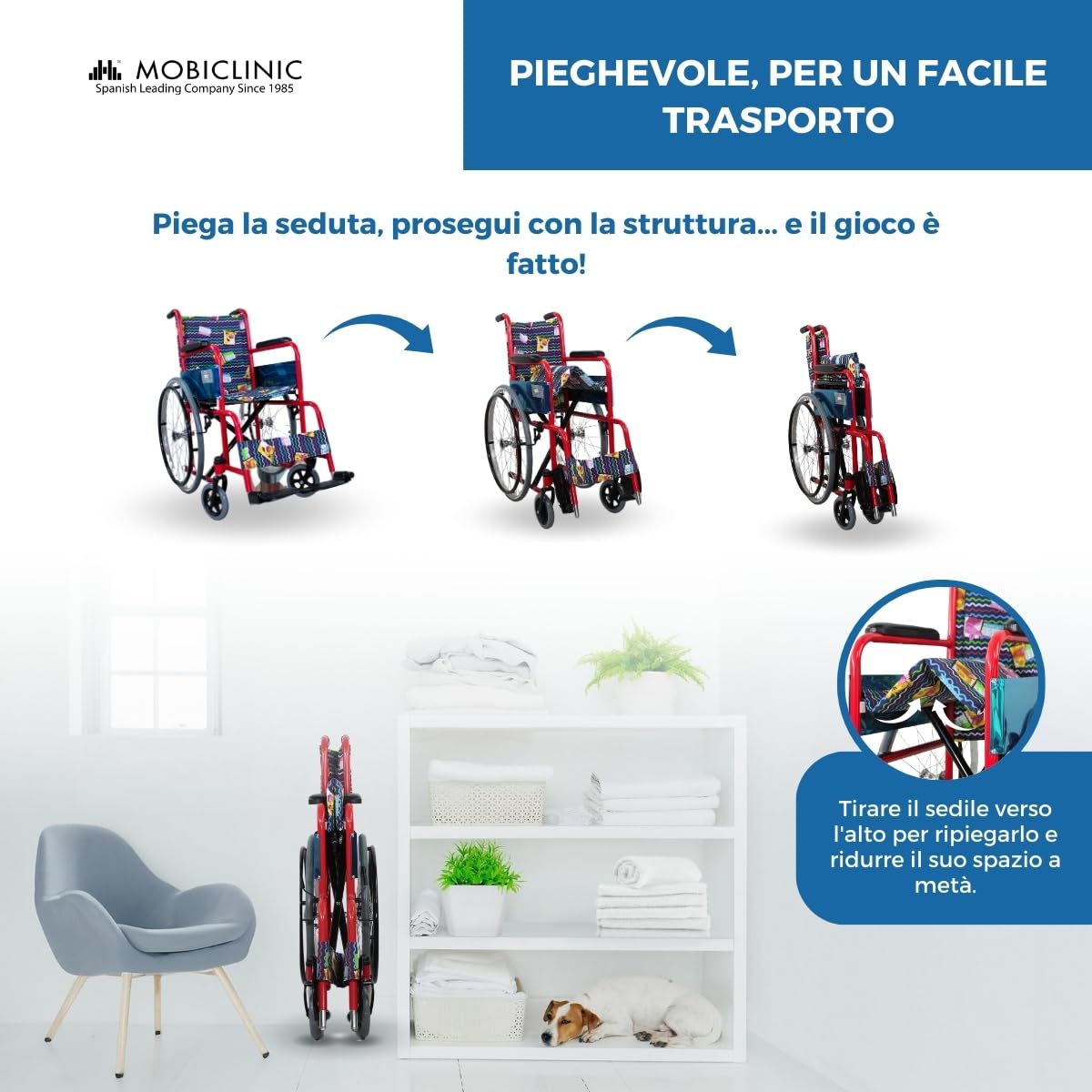 Mobiclinic, Carrozzina per bambini, Teatro, Etichetta europea, Pieghevole, Marchio ce, Accessibile ai disabili, Freno sulle maniglie, Poggiapiedi e braccioli fissi, Rivestimento rosso con stampe