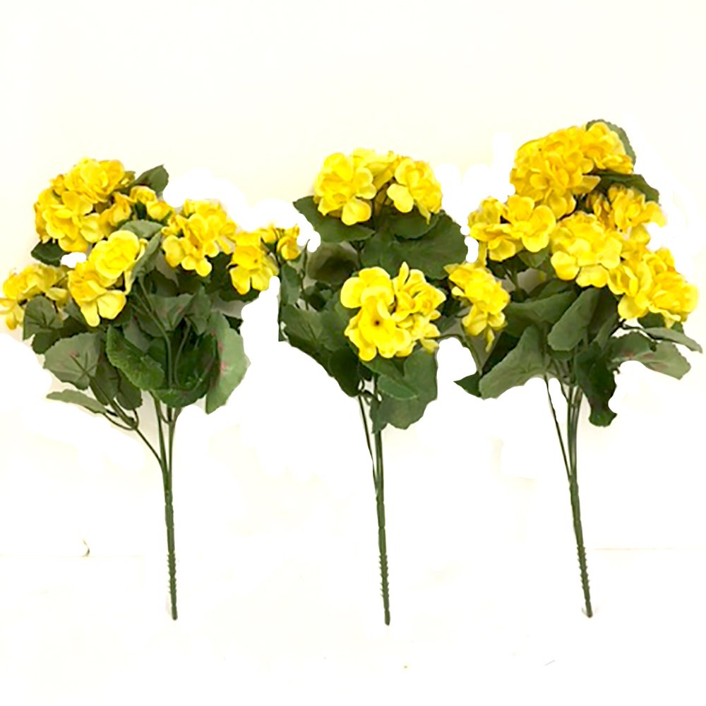 35cm Artificial Yellow Geranium Flower Bush x3 - great for window boxes hanging baskets and home