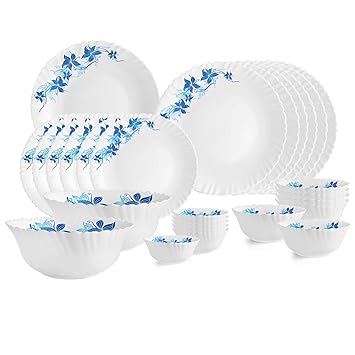 Opalware Dazzle Series Blue Swirl Dinner Set, 27 Pcs | Opal Glass Dinner Set for 6 | Light-Weight, Daily Use Crockery Set for Dining | White Plate and Bowl Set