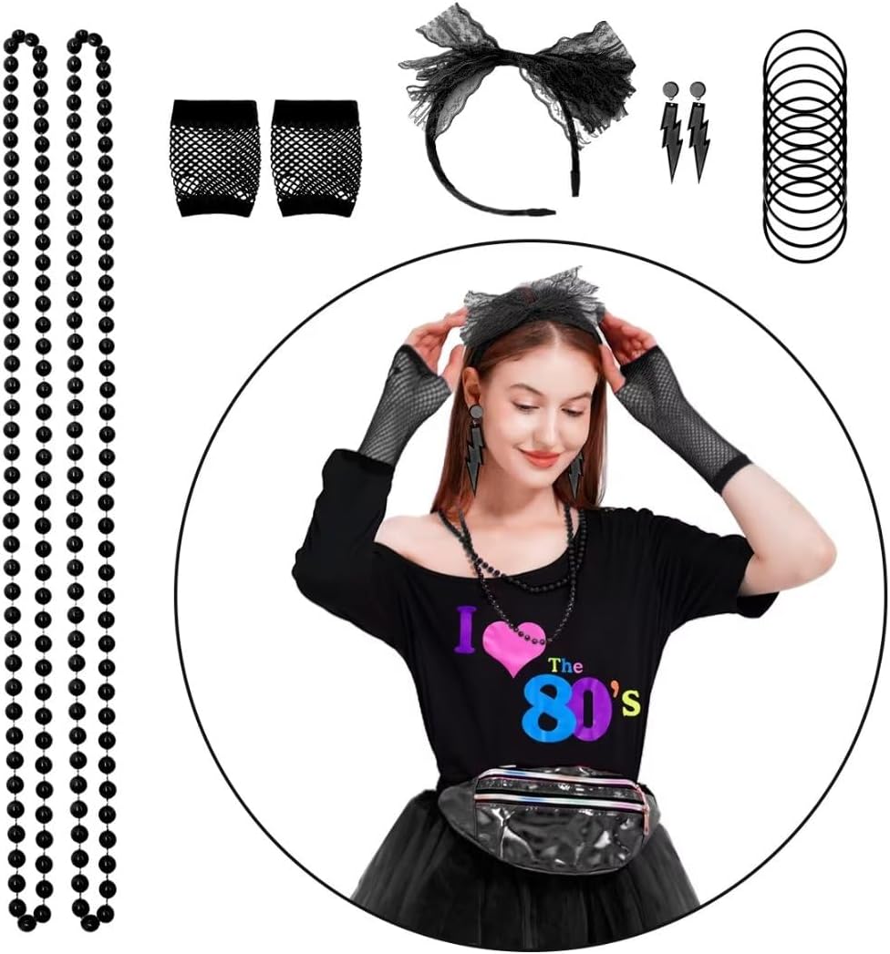 WILDPARTY 80s Costume Accessories for Women, T-Shirt Tutu Fanny Pack Headband Earring Necklace Fishnet Gloves Legwarmers - Image 6
