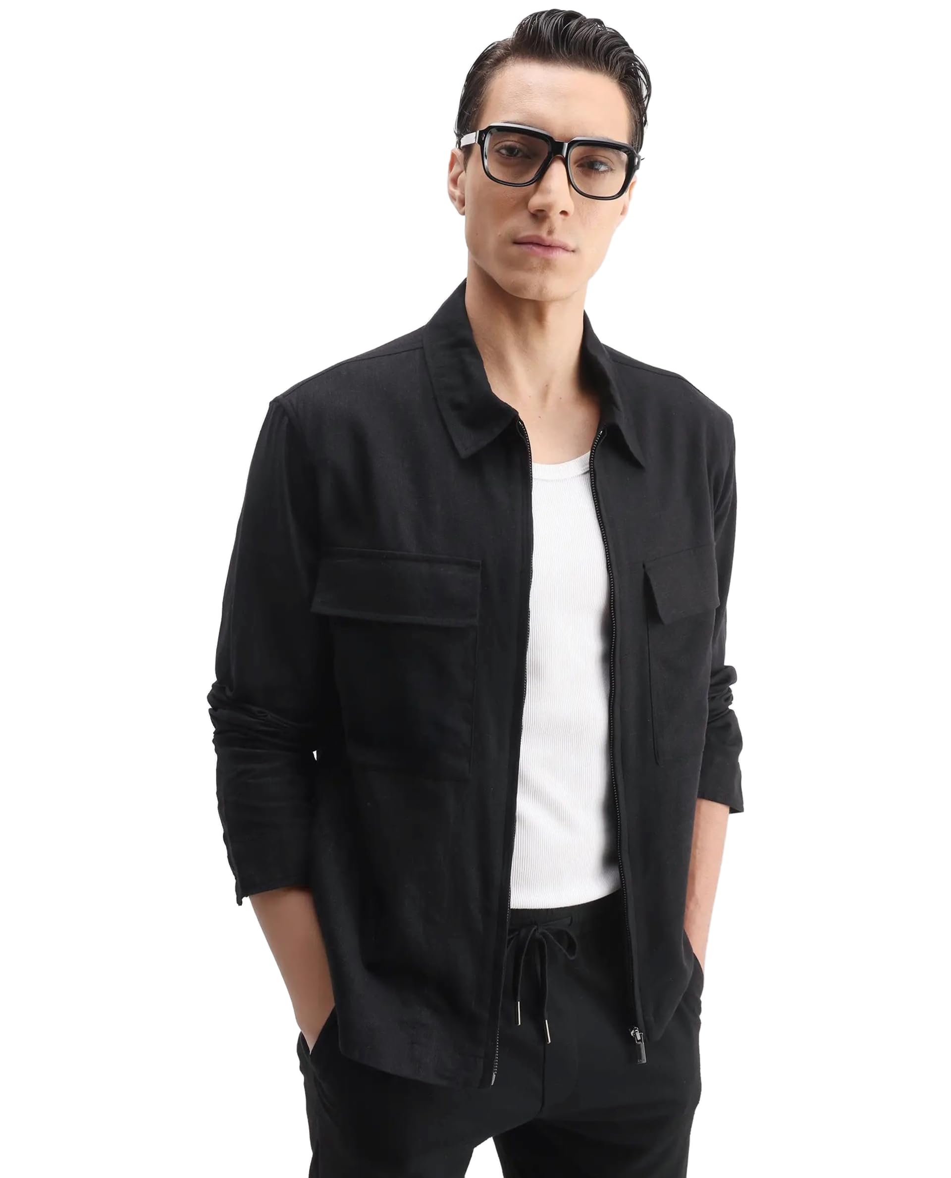 rare rabbit Men's Jomo-T Relaxed Solid Linen Blend Spread Collar Long Sleeve Shacket-picture-54