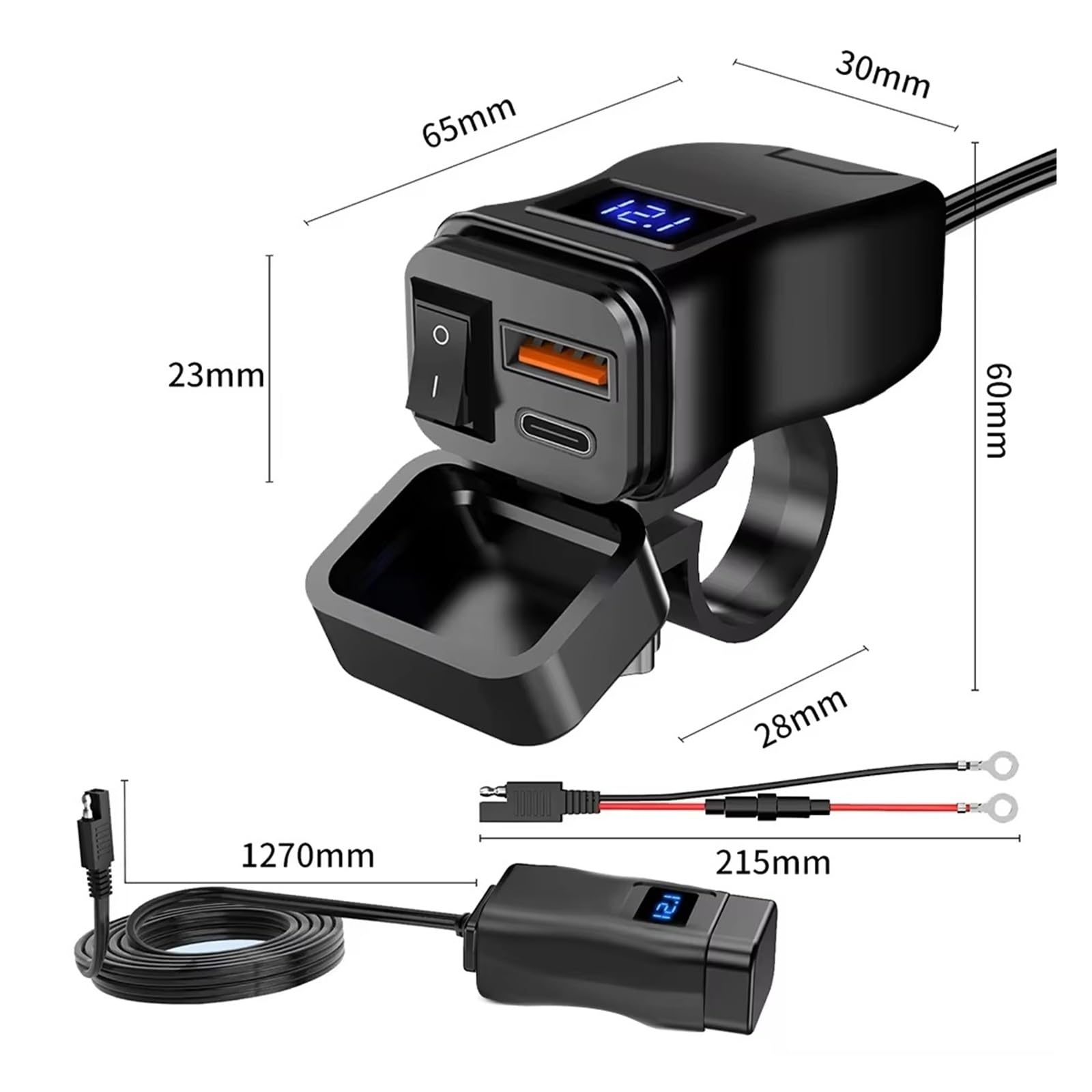 Navigation GPS PD QC3.0 Chargeur USB Rapide pour Moto Guidon 60W Double Prise avec Interrupteur Voltmètre Adaptateur d'alimentation Étanche 12V(QC3.0 Voltmeter)