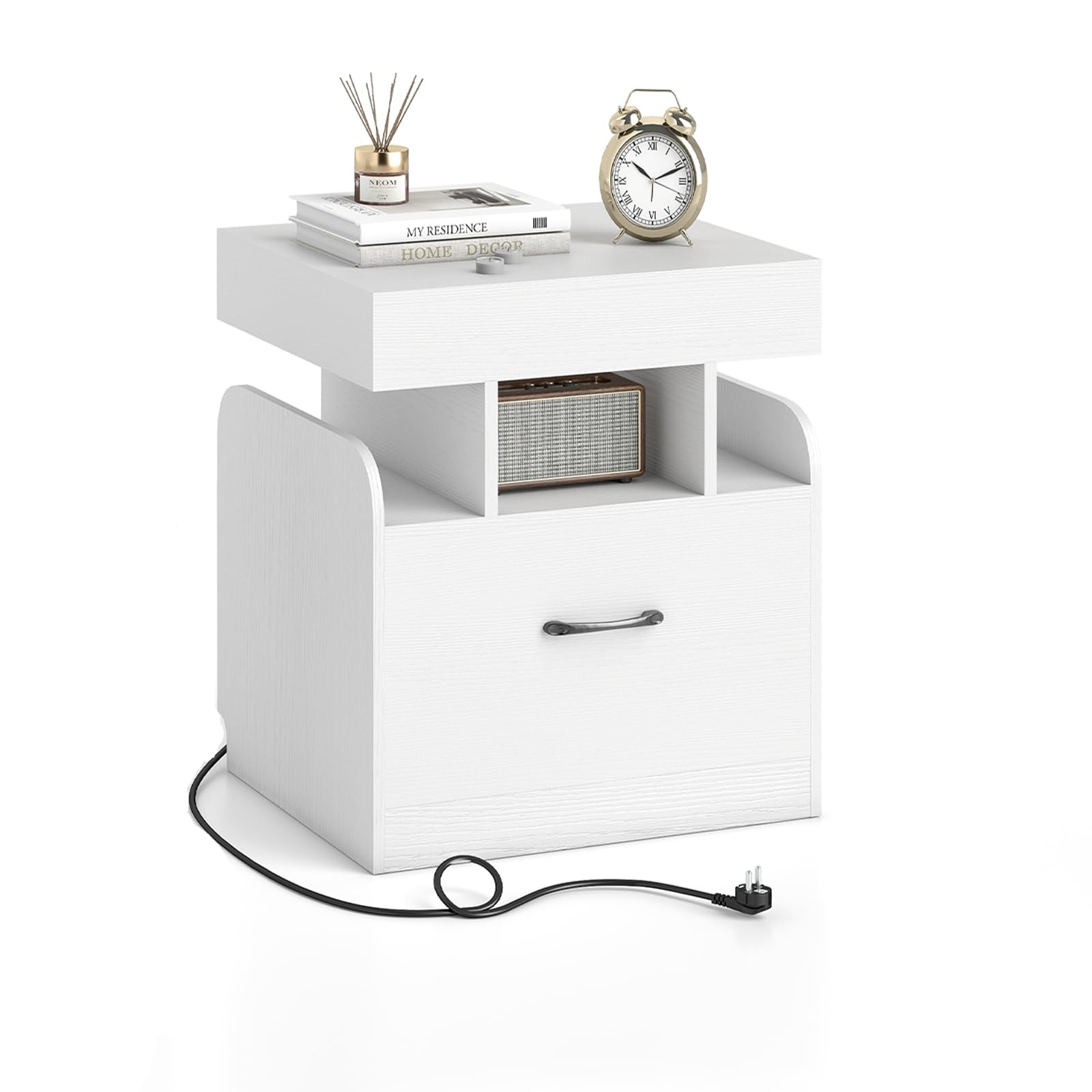 KOMFOTTEU Comodino, stazione di ricarica, 2 prese, 1 porta USB e 1 porta Type-C, comodino, cassetti e ripiani aperti, tavolini, 50 x 40 x 55 cm, per camera da letto, soggiorno, ufficio (bianco)