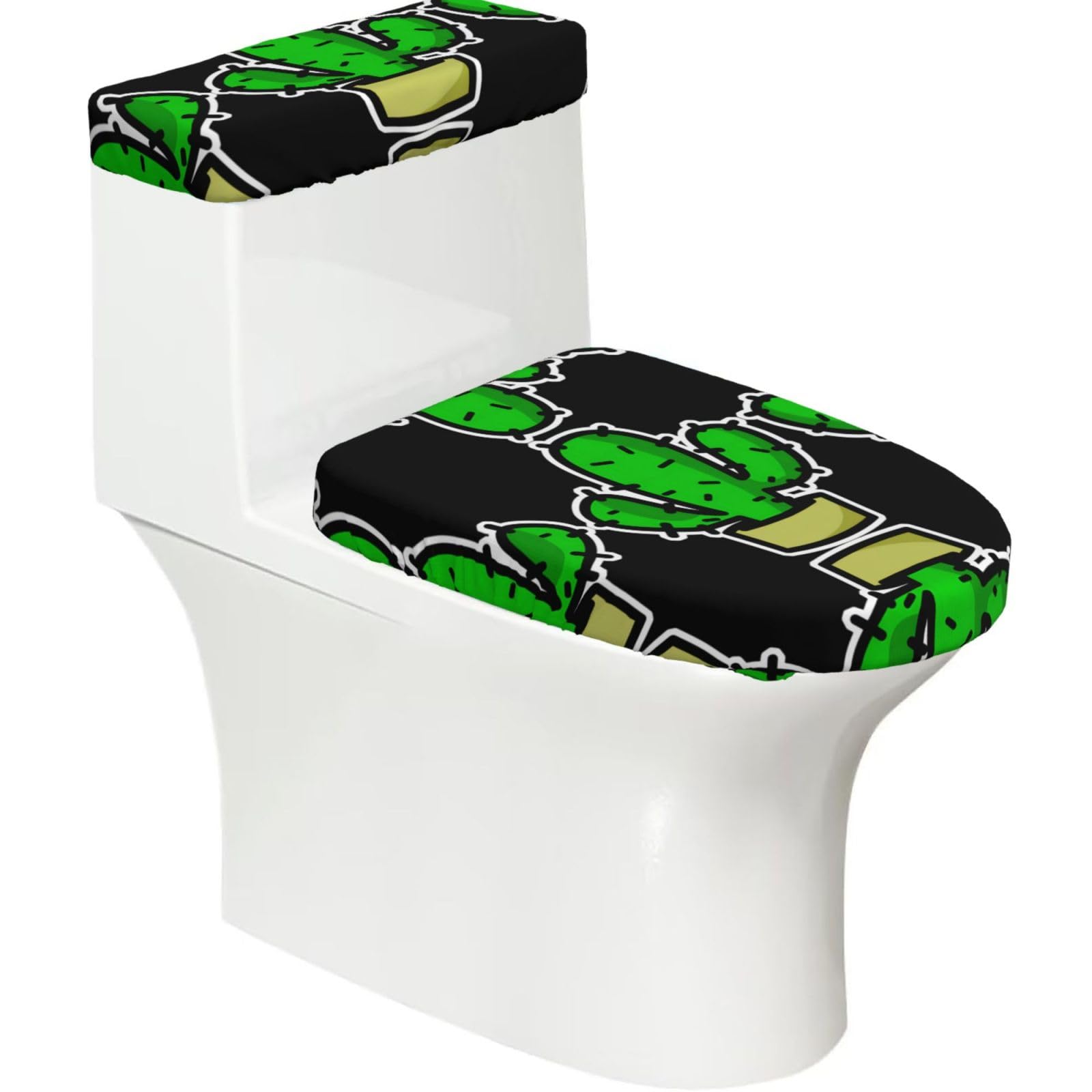 Wzycwb Black Cactus 2-Piece Toilet Seat Cover Set With Tank Lid, Elastic Fit For U-Shape & Elongated Toilets, Bathroom Decor, Housewarming Gift