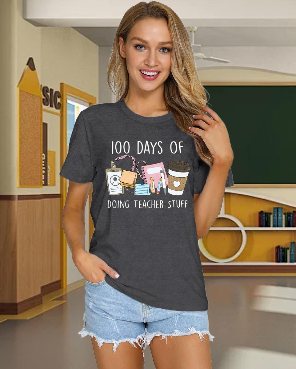 100 Days of School Shirt for Women 100th Day of School Tshirts Teacher Tee Top - Image 2