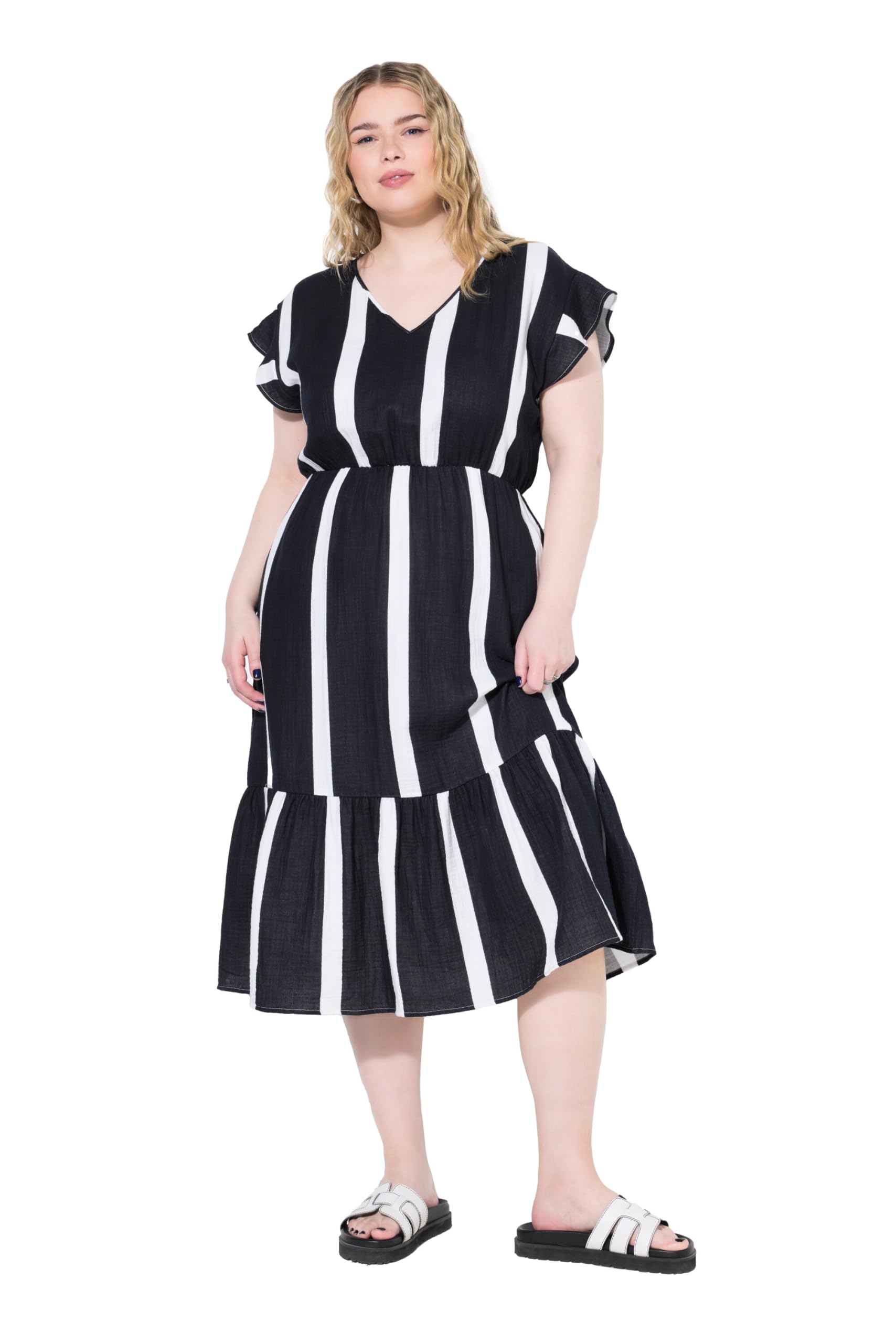 Studio Untold Damen große Größen Übergrößen Plus Size Midikleid, A-Line, Musselin, Streifen 840537
