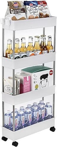 Carrito de almacenamiento delgado de 4 neumáticos con 4 ganchos, estantería de cocina multifuncional con ruedas estrechas para cocina, baño,