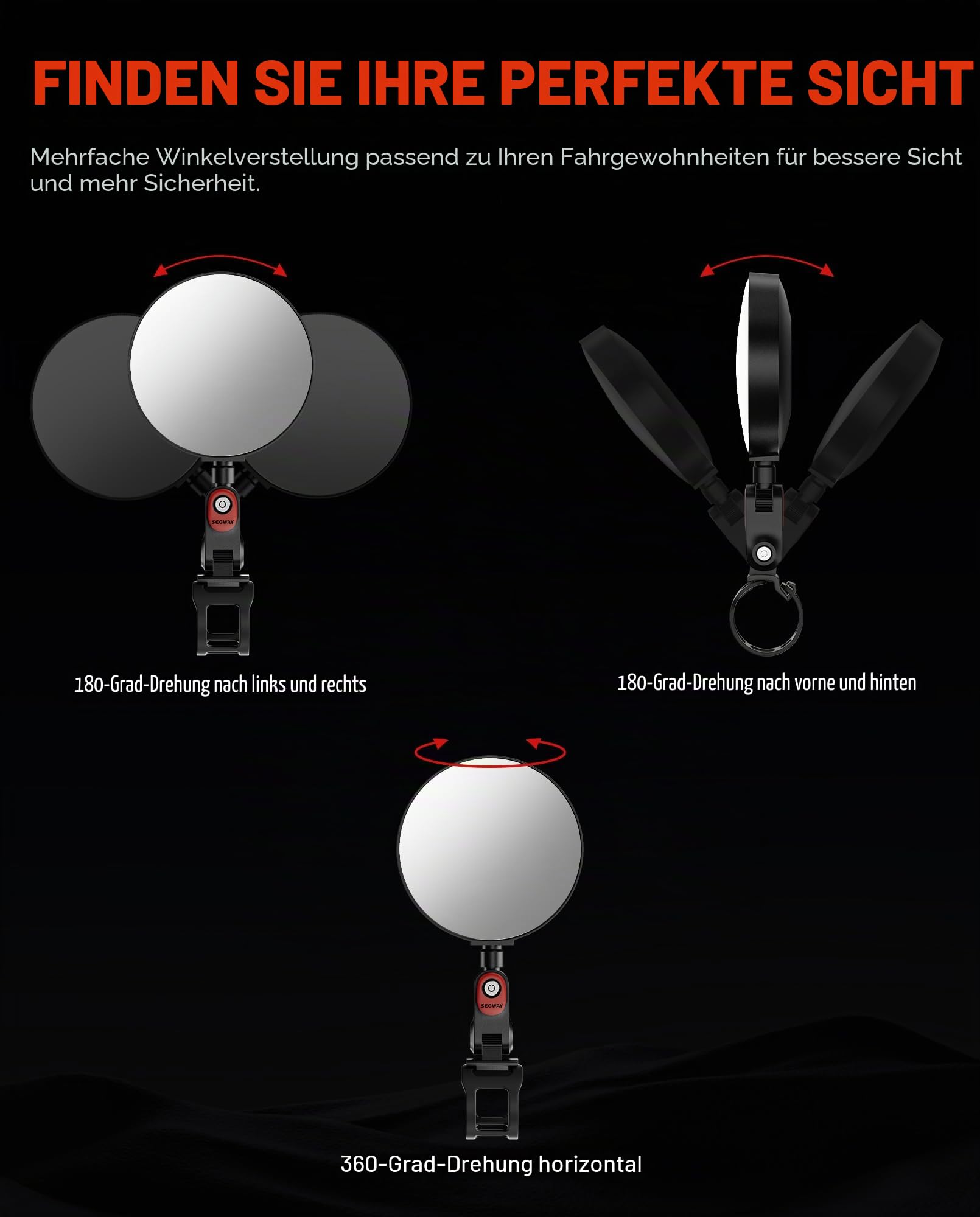 Verstellbare Rückspiegel mit 360°-Drehung (2er-Set) Kompatibel mit allen Segway Ninebot MAX G30 G2 G3 ZT3 Pro GT3 F3 E3 Rollern (außer Air T15), Großwinkelspiegel, HD-Glas, Originalzubehör