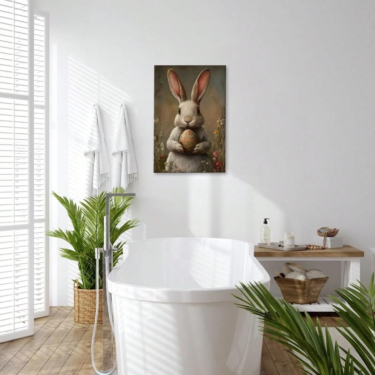 AIHNBF Encantador conejo de Pascua lienzo con huevo de flores – lindo conejo blanco estampado animal para decoración de primavera y vacaciones, 50 x 75 cm