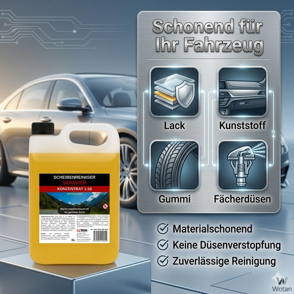 Wotan's 20L Scheibenreiniger Konzentrat 1:10 (Ergibt 200L) - Sommer Insektenlöser | streifenfrei – getestet "Premiumqualität aus Deutschland" | polycarbonatverträglich und Fächerdüsengeeignet