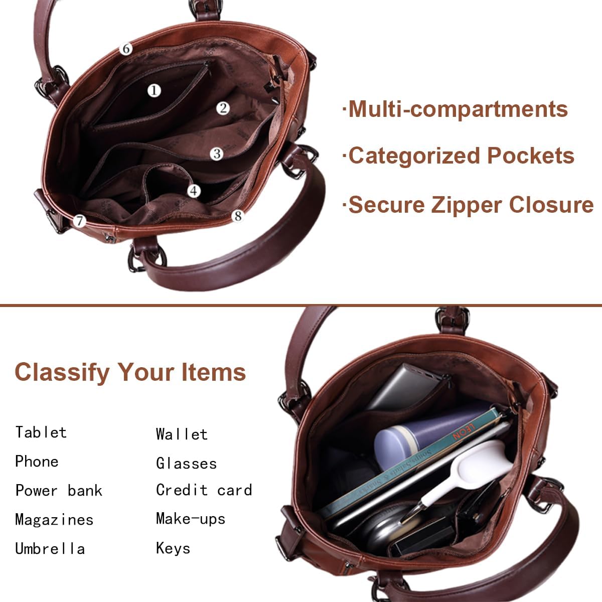 Handbags and Purses for Women Vegan Leather Tote Bag with Zipper Compartments Womens Shoulder Crossbody Satchel Bags