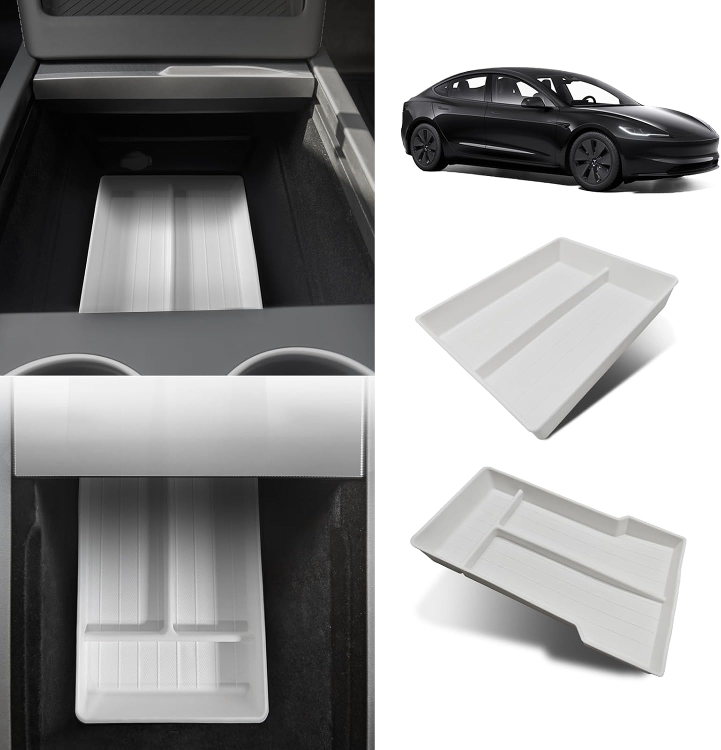 BestEvMod Center Console Organizer Anti-Slip Tray TPE Material Armrest Lower Storage Box Compatible with 2026 2025 2024 Refreshed Tesla Model 3 Highland Accessories (2PCS, White)