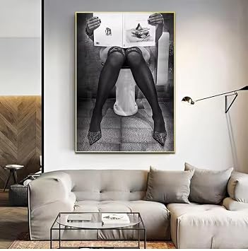 ZHUOYA Read The Newspaper On The Toilet Poster Black White Women Photography Canvas Painting Wall Art Pictures For Living Room(80x120cm/Frameless)
