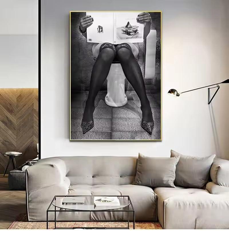 Affiche femme journal toilettes impression noir et blanc grand salon
