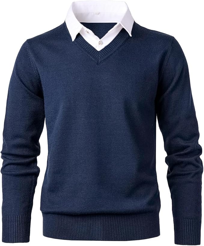 Men's Knit Sweater Fashion Pullover Soft Touch V-Neck Sweatshirt Top with Plaid or White Mock Shirt Collar2