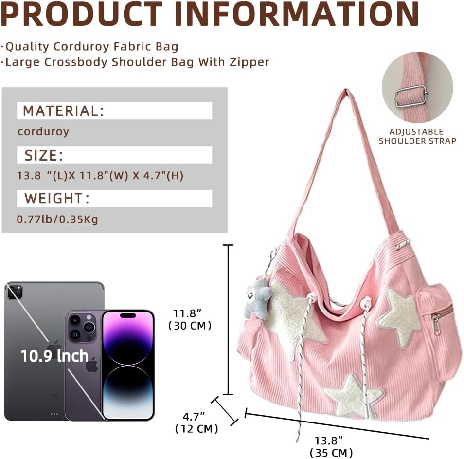 Cute Tote Bag Women Corduroy Tote Bag Aesthetic Messenger Bag Cute Shoulder Bag Y2K Hobo Bag