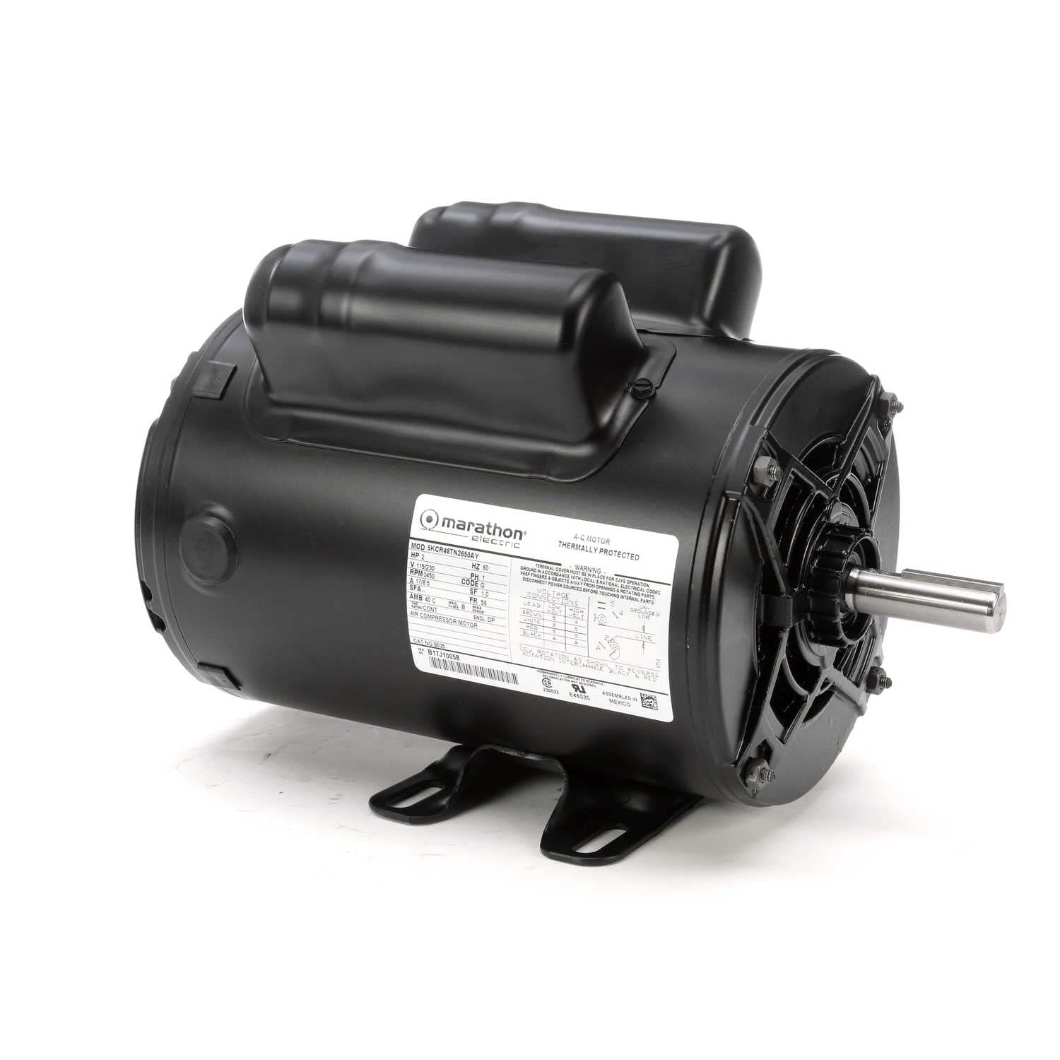 Marathon 9035 56H Frame Open Drip Proof 5KCR48TN2650Y Air Compressor Motor, 2 hp, 3600 rpm, 115/208-230 VAC, 1 Phase, 1 Speed, Ball Bearing, Capacitor Start/Capacitor Run, Rigid Base