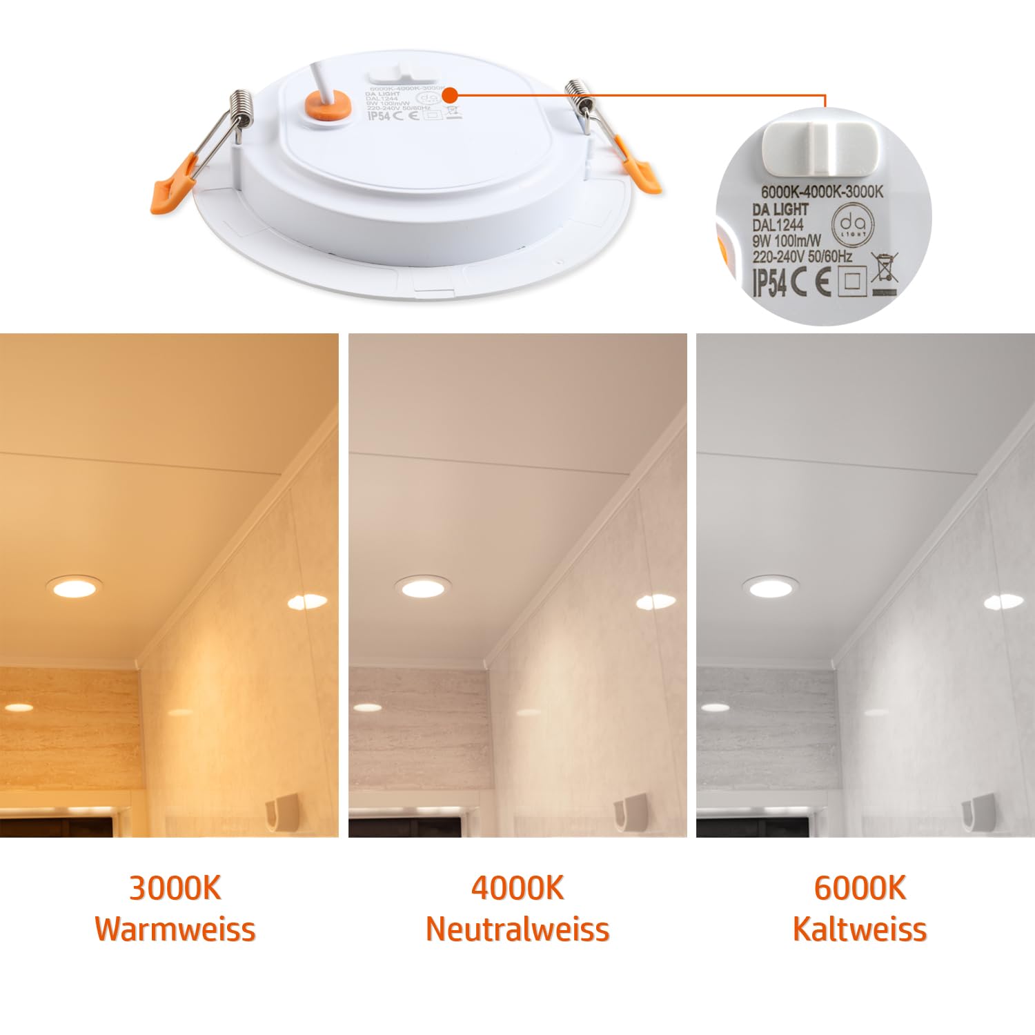 da LIGHT LED Einbaustrahler 230V flach 9W 6er Set, Strahlende Einbauleuchten, Bad Spot 3000/4000/6000K, Deckenstrahler IP54 für Badzimmer Wohnzimmer Küche Schlafzimmer
