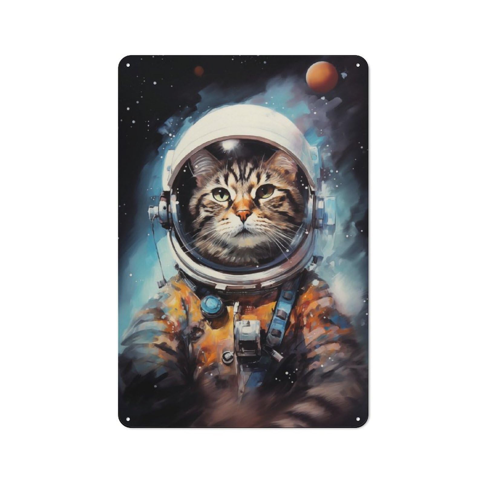 Junmoney Astronaut Cat Painting 30X20cm Rustic Metal Sign With For Hobby Room Or Studio, Metal Sign Decor For Hobby Rooms And Studios