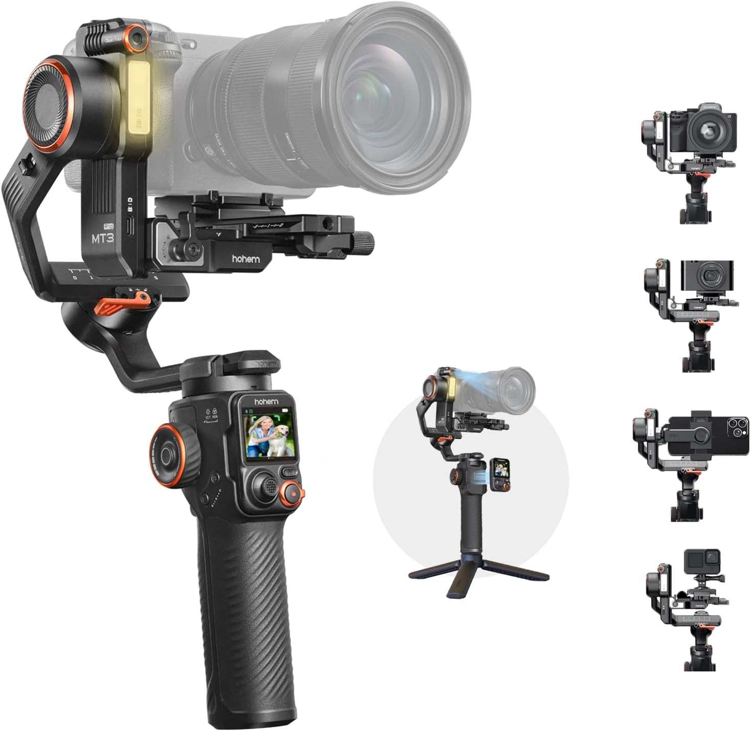 hohem iSteady MT3 Pro Camera Stabilizer with AI Tracking, 4-in-1 Gimbal for Mirrorless/Compact/Action Camera & Smartphone, 1.4" Detachable Touchscreen Remote, 2.5kg/5.5lbs Payload, CCT/RGB Fill Light