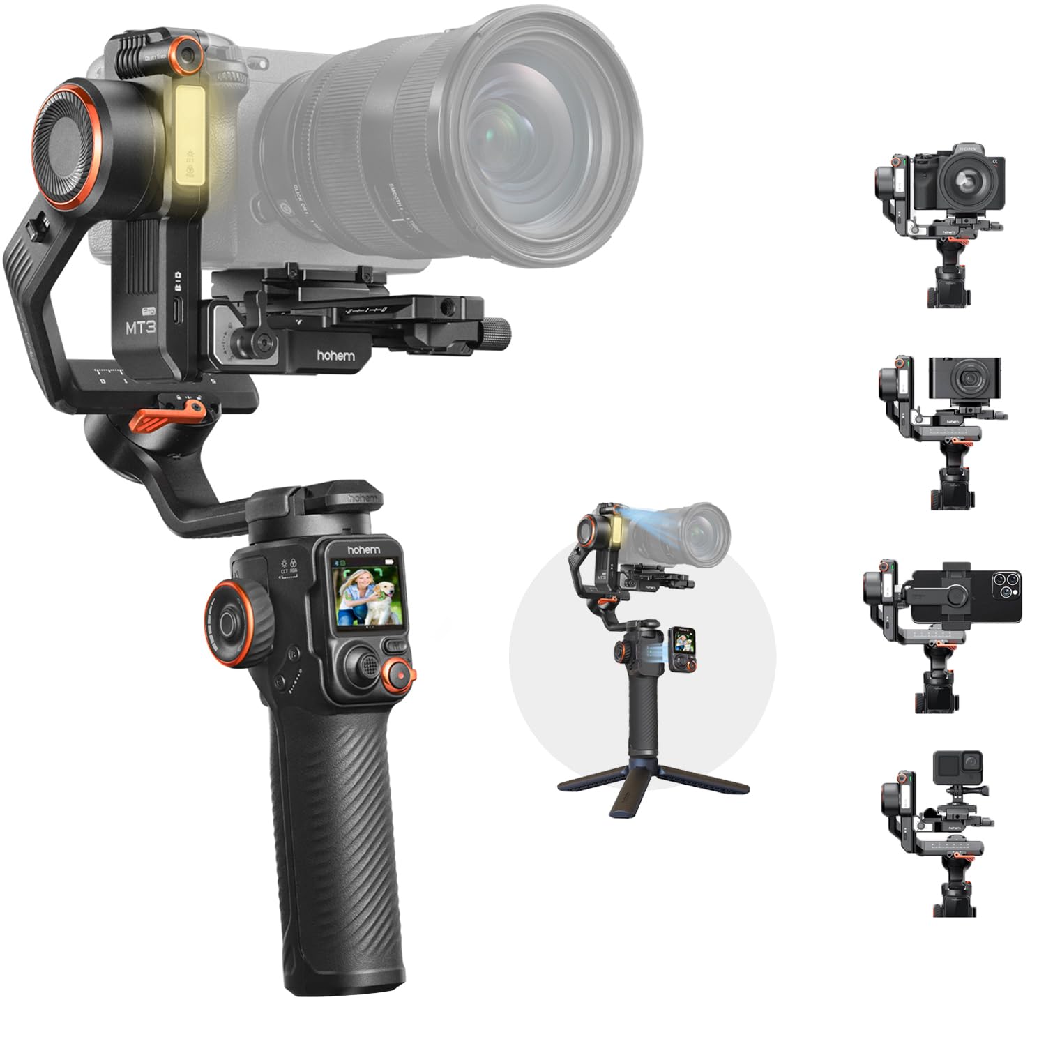 hohem iSteady MT3 Pro Kamerastabilisator mit KI-Tracking, 4-in-1 Gimbal für spiegellose Kamera/Kompakt/Action und Smartphone, abnehmbare 1,4-Zoll-Touchscreen-Fernbedienung