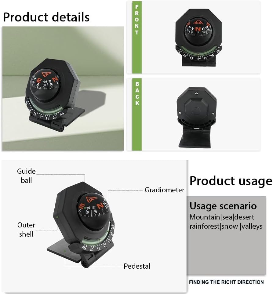 Automotive Compasses,Car Dashboard Compasses Ball with Slope Meter, Foldable Adjustable Night Light NavigationCompasses,for Boat, Car & Vehicle Navigation,Adhesive Base for Easy Mounting