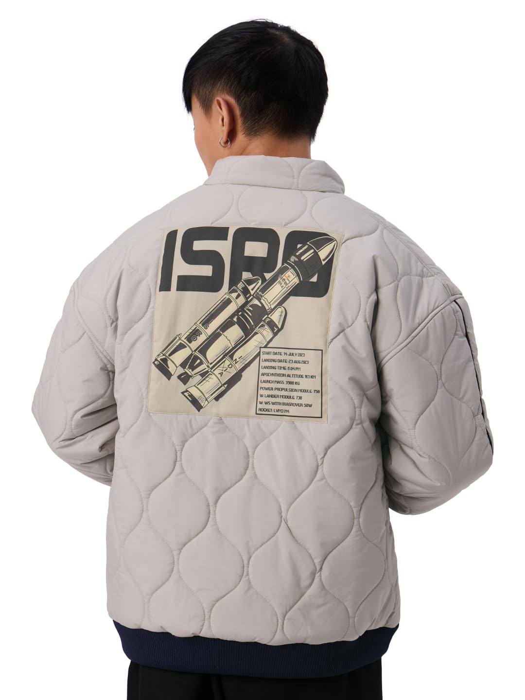 the souled store ISRO: Chandrayaan 3 Men and Boys Long Sleeves Stand Collar Zipper Front Grey Embellished Polyester Oversized Bomber Jackets-picture-29
