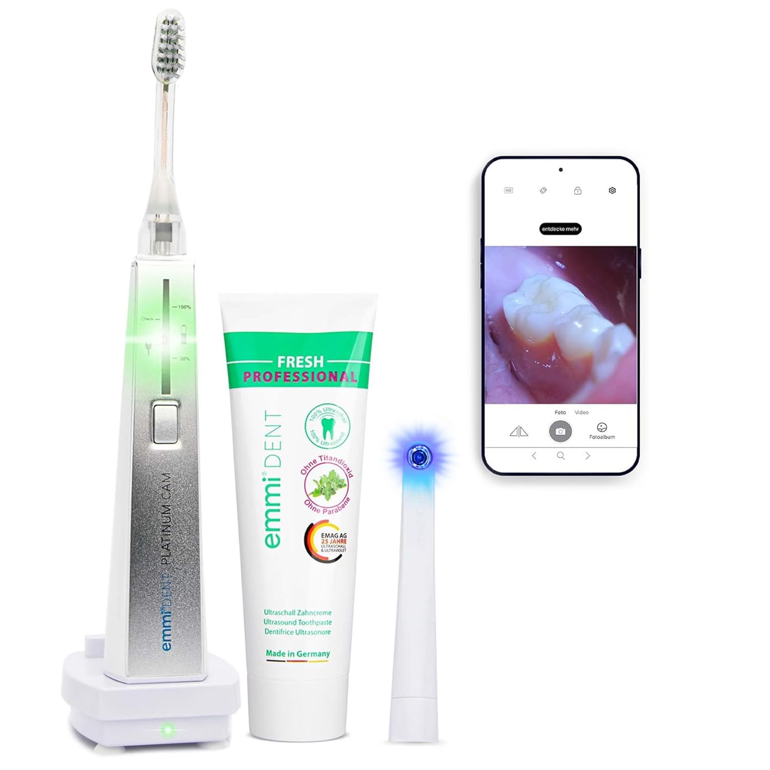 emmi-dent PLATINUM CAM Cepillo de dientes ultrasónico eléctrico (Set Premium Blanco) - Visualización y detección de problemas dentales con cámara - Ideal para dientes y encías sensibles