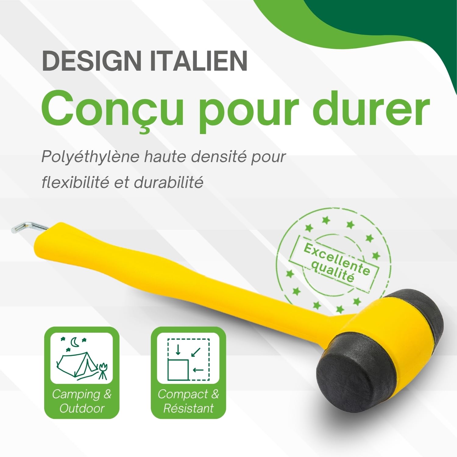 MOSCATELLI - Maillet de Camping Polyvalent, Robuste et Ergonomique avec Crochet pour extraire Sardine et Piquets - Jaun
