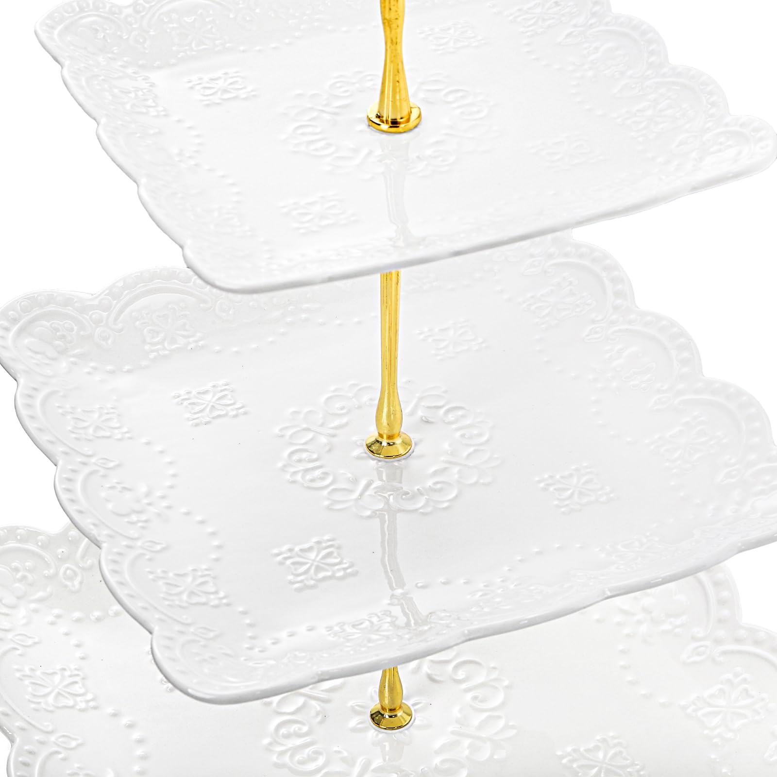 Tebery Lot de 2 présentoirs à gâteaux en céramique blanche à 3 étages avec poignée de transport dorée