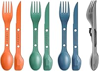 Loyzcy Reusable 4-in-1 Camping Spork Set (4 Pack) - Spoon Fork Knife Travel Utensils for Hiking Backpacking Picnics (Green, Orange, Blue, Grey)