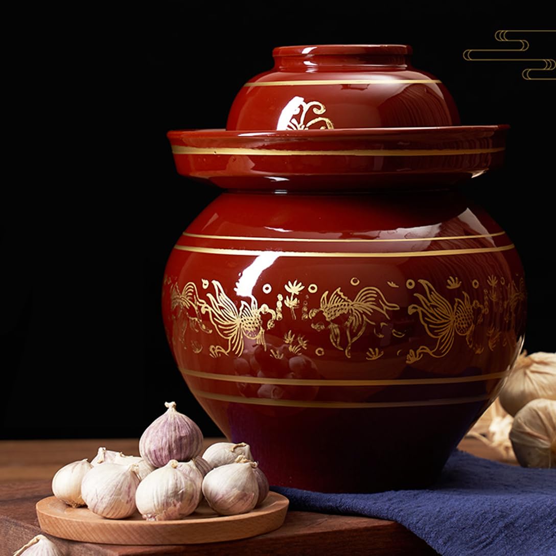 Ceramiczny słoik na marynaty z pokrywkami, duży czerwony tradycyjny chiński porcelanowy słoik do marynowania, ceramiczny garnek fermentacyjny z uszczelką wodną pokrywką śluzy powietrznej, garnek z