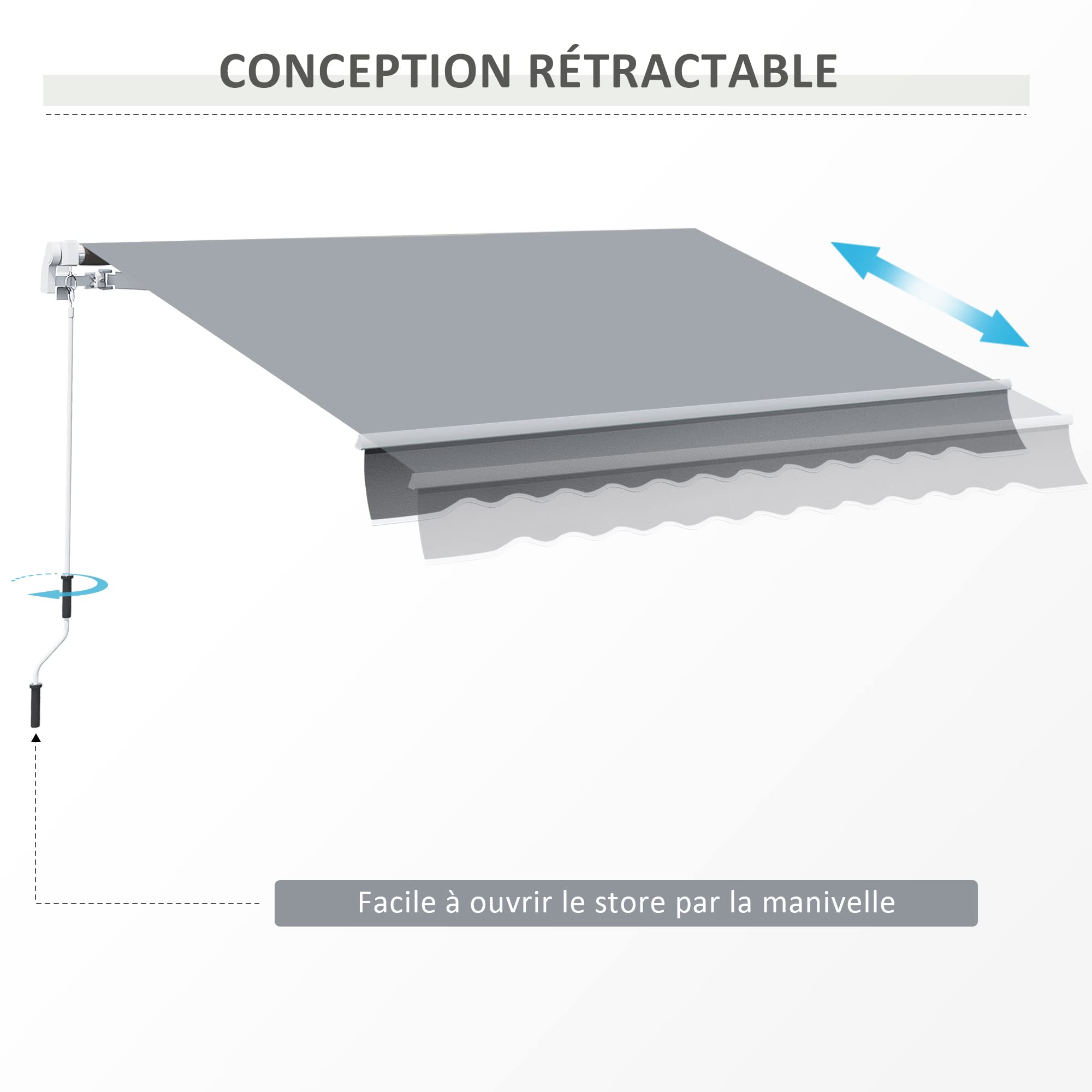 Outsunny Store banne Manuel rétractable 395 x 245 cm Store Exterieur terrasse avec manivelle, Angle réglable 45°-85°, Aluminium et Polyester 280 g/m², Protection UV, auvent de terrasse, Gris