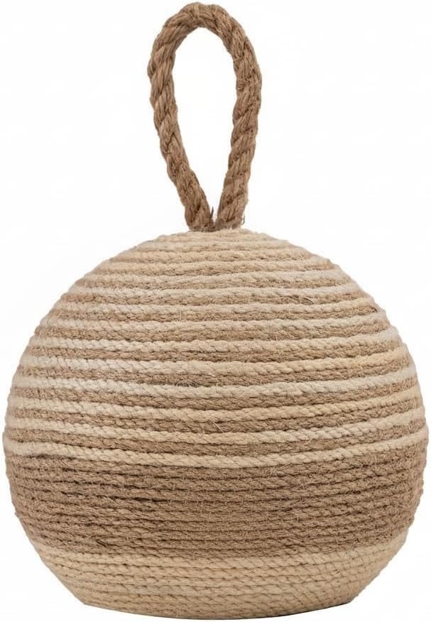 PEMAR Natural Wicker Door Stopper with Handle, Rustic Farmhouse Decorative Door Stop, Heavy Indoor Doorstop, Nautical Blocker Jammer 6.3''D Sphere Ball Shape (Jute)