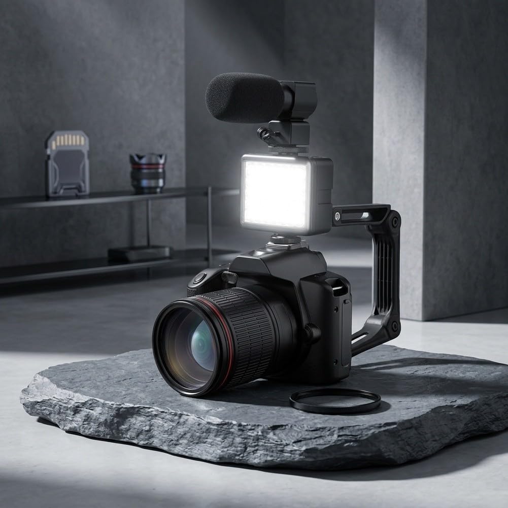Fotocamera a doppio obiettivo 64MP 4K con zoom ottico 16x (nero) | WiFi per visione notturna per videocamera, DSLR Style Video Recorder con per stabilizzatore, microfono esterno e kit luce